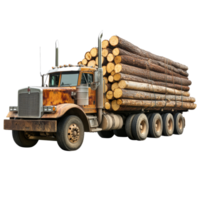 Side view of a logging truck loaded with freshly cut logs on a rural road, showcasing forestry transportation, Side View of Logging Truck, Loaded with Logs, Isolated on transparent background png