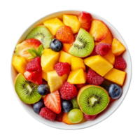 A vibrant bowl of mixed fruit salad featuring strawberries, kiwis, blueberries, and peaches on a transparent background, Fresh tasty mixed fruit salad on a transparent background png