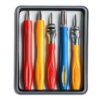 A collection of small screwdrivers neatly arranged in a box on a transparent background, showcasing vibrant colors and designs, Small screwdrivers in box on transparent backgroundfile png