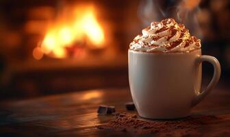 Hot chocolate with whipped cream and cocoa powder steaming near a fireplace on a wooden table, creating a cozy winter atmosphere photo