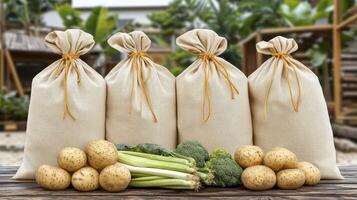 Fresh Potatoes and Vegetables in Burlap Sacks on Wooden Surface photo