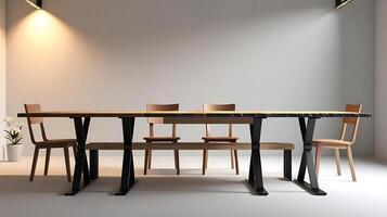 Modern minimalist wooden dining table with chairs and benc photo