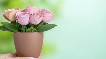 Hand Holding Pot of Artificial Pink and Beige Roses Against Green Background photo