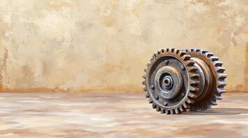 Rusty Gear on a Wooden Surface with a Textured Beige Background photo