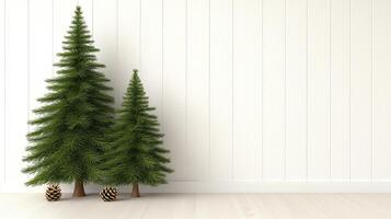 Miniature Christmas Trees on White Wood Floor and Wall photo