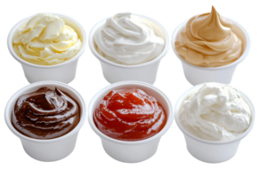 assorted sauces in white cups on transparent background png