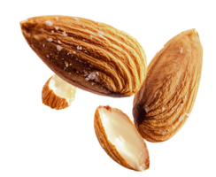 close-up of almonds with salt, isolated on transparent background. png