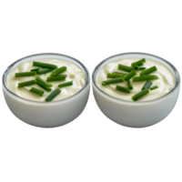 two bowls of sour cream with chives on transparent background png