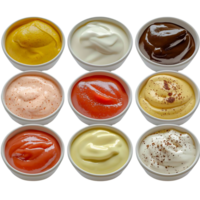 assorted sauces in bowls, isolated on transparent background. png