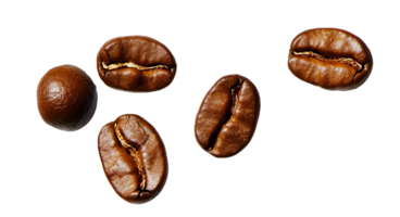 roasted coffee beans on transparent background, close up. png