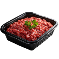 ground beef in black tray with parsley on transparent background. png