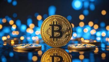 Bitcoin and coins on a blue background with bokeh lights photo