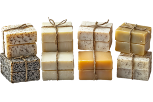 handmade soap bars stacked and wrapped with twine. png
