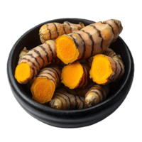 turmeric roots in black bowl on transparent background. png