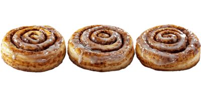 three cinnamon rolls with icing on transparent background. png
