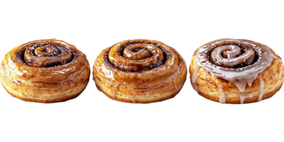 three cinnamon rolls with icing on transparent background png