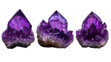 three amethyst clusters isolated on white background png