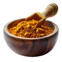 turmeric powder in wooden bowl with scoop on white background png
