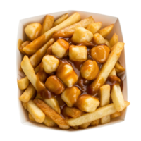 Overhead view of poutine in a white cardboard container. png