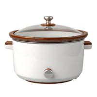White slow cooker with brown accents and glass lid. png