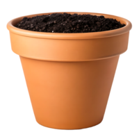 Empty terracotta pot filled with soil, ready for planting. png
