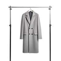 Grey double breasted overcoat on a clothes rack. png