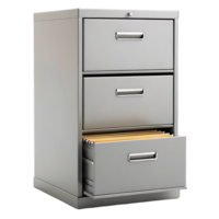 Three drawer metal filing cabinet with one drawer open, showing files. png