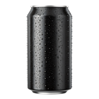 Sleek black aluminum can with condensation. Perfect for beverage branding. png