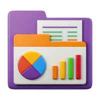 3D render of a folder icon with charts and graphs. png