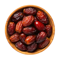 Top view of fresh dates in a rustic wooden bowl. png