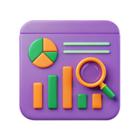 3D render of data analysis icon. Charts, graphs, and magnifying glass. png