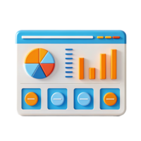 3D illustration of a data dashboard with charts and graphs. png