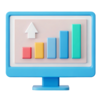 3D render of a computer monitor displaying an upward trending bar graph. png