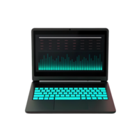 Laptop with glowing teal keyboard displaying data charts. png