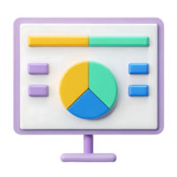 3D render of a monitor displaying a pie chart and bar graph. png