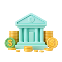 3D bank building with stacks of gold coins. png