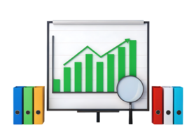 3D rendering of a growth chart with magnifying glass and files. png