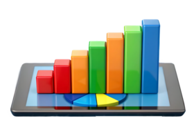 Colorful bar graph and pie chart on a tablet, illustrating business growth and data analysis. png