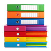 Stack of colorful binders and books. png