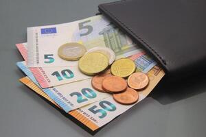 Euro bills and coins arranged within a wallet against a shadowy backdrop photo