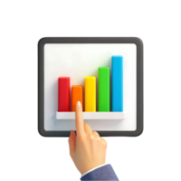 Hand pointing at colorful bar graph on screen. png