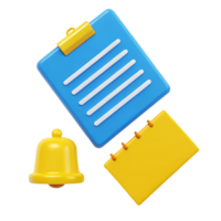 3D render of checklist, notepad, and bell notification. png