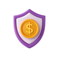 3D render of a shield with a dollar coin. Financial security concept. png
