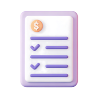 3D render of a purple invoice icon with checkmarks. png