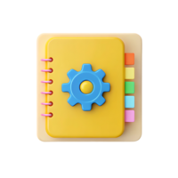 Cute 3D notebook icon with gear. Settings, options, configuration concept. png