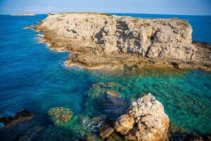 View of Kape Apostolos and Kleides Islands at the very eastern tip of the Karpasia Peninsula in the Turkish Republic of Northern Cyprus. Most easterly point on mainland Cyprus. High quality photo