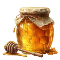 Golden Honey in Rustic Jar with Honey Dipper and Autumn Leaves png
