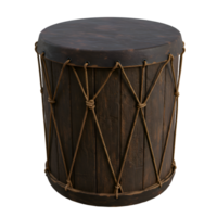 Ancient Wooden Drum with Leather Top and Rope Binding 3D Render png