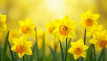 Yellow daffodils blooming in the garden, spring nature background with copy space for text photo