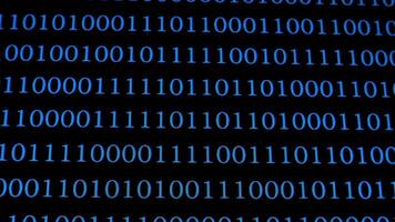 A close-up of a screen displaying binary code in blue on a black background, representing digital data, computing, and encryption concepts. video